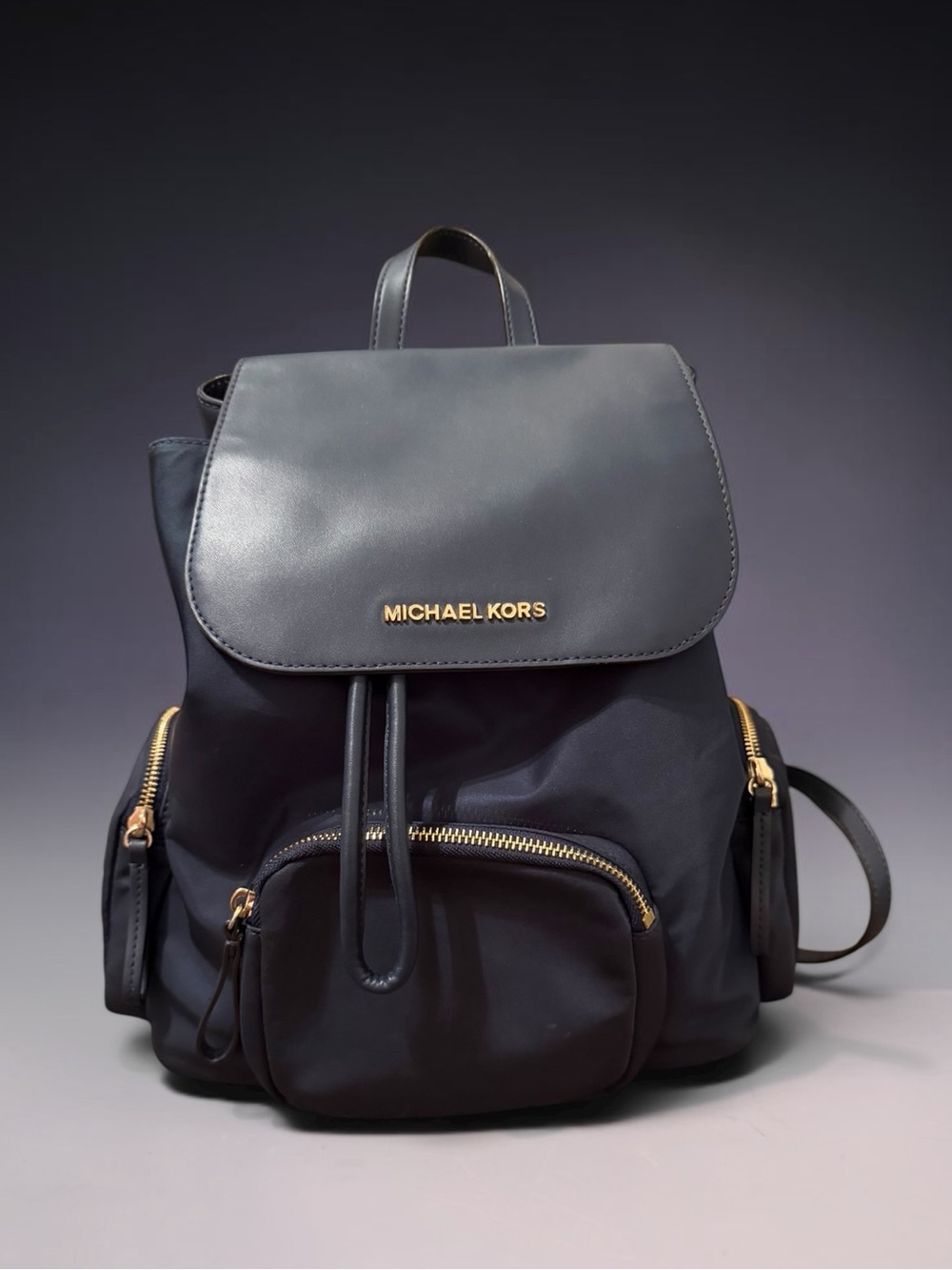 Michael Kors Womens Blue Abbey Leather Adjustable Strap Cargo Backpack